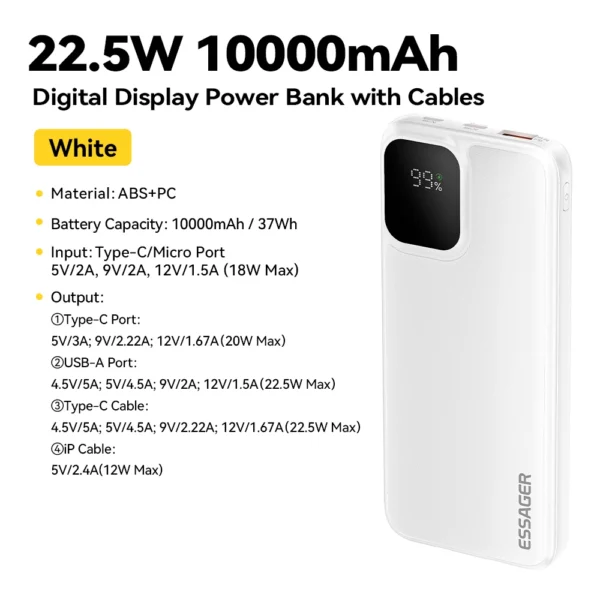 Essager 20000mAh Portable Power Bank With 2 Cables For iPhone 16 15 14 Xiaomi Samsung Huawei 10000mAh Digital Display Power Bank - Image 9