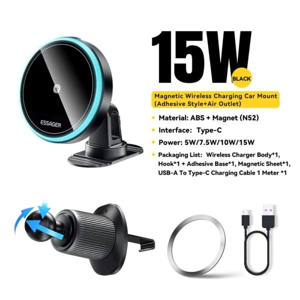 Essager Magnetic Car Phone Holder 15W Wireless Charger Stand For iPhone 15 14 13 Pro Max Car Mount Charger for Magsafe LED Light - Image 7