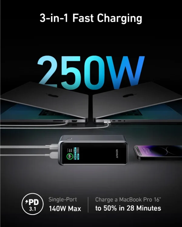 Anker Prime 27,650mAh Power Bank (250W), 3-Port Portable Charger, Compatible with iPhone 16/15/14/13 Series, Samsung, Dell - Image 2