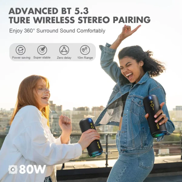 W-KING D320 Portable Speaker 40W, IP67 Waterproof, APP Control, High-Quality Audio, TF/AUX, Dynamic Lights for Party, Outdoor - Image 6