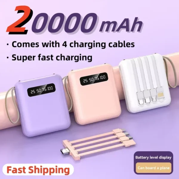 20000mAh Mini Power Bank Built in Cable PowerBank Digital Display External Battery Portable Charger for IPhone Samsung Xiaomi - Image 2