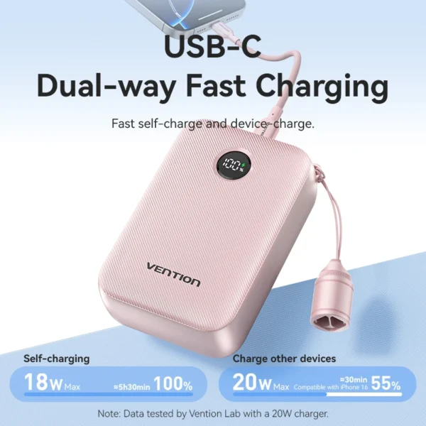 Vention Power Bank 20000mAh 22.5W PD Type C Charge Portable Powerbank External Auxiliary battery with USB-C Cable for iPhone 15 - Image 4
