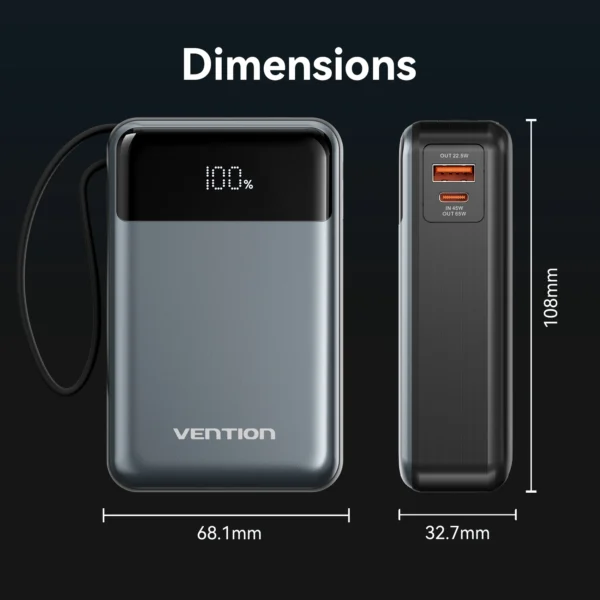 Vention Power Bank 20000mAh 65W PD Fast Charger with Built-in Type-C Cable Portable Powerbank for Laptops External Spare Battery - Image 5