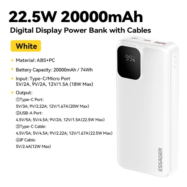 Essager 20000mAh Portable Power Bank With 2 Cables For iPhone 16 15 14 Xiaomi Samsung Huawei 10000mAh Digital Display Power Bank - Image 7