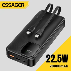Essager 20000mAh Portable Power Bank With 2 Cables For iPhone 16 15 14 Xiaomi Samsung Huawei 10000mAh Digital Display Power Bank