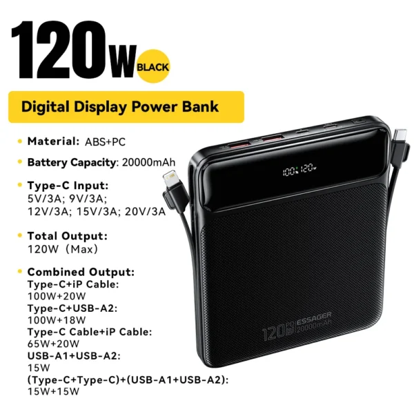 Essager 120W 20000mAh Power Bank with Two Built-in Cables 100W PD Fast Charging For iPhone 16 15 14 Pro Max iPad Macbook Laptop - Image 7