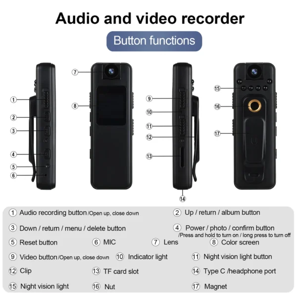 HD 1080P Portable Digital Video Recorder Night Vision Sports DV Miniature Camcorde 180 Rotating Lens Magnetic Back Clip Camera - Image 6