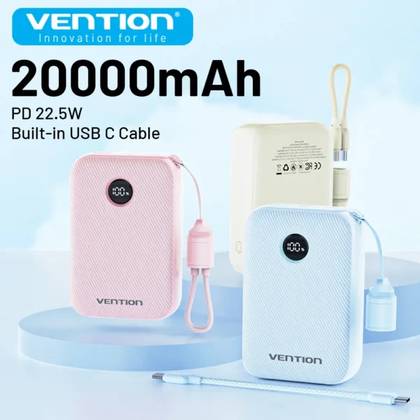 Vention Power Bank 20000mAh 22.5W PD Type C Charge Portable Powerbank External Auxiliary battery with USB-C Cable for iPhone 15