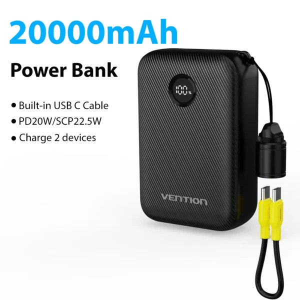 Vention Power Bank 20000mAh 22.5W PD Type C Charge Portable Powerbank External Auxiliary battery with USB-C Cable for iPhone 15 - Image 12