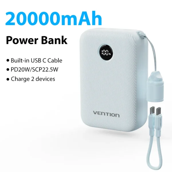 Vention Power Bank 20000mAh 22.5W PD Type C Charge Portable Powerbank External Auxiliary battery with USB-C Cable for iPhone 15 - Image 7