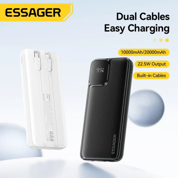 Essager 20000mAh Portable Power Bank With 2 Cables For iPhone 16 15 14 Xiaomi Samsung Huawei 10000mAh Digital Display Power Bank - Image 2