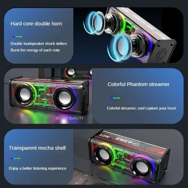 V8 Transparent Mecha Speakers Bluetooth 5.0 Wireless Double Bass Diaphragm Subwoofer Music TWS RGB Light Mini Party Loudspeaker - Image 5