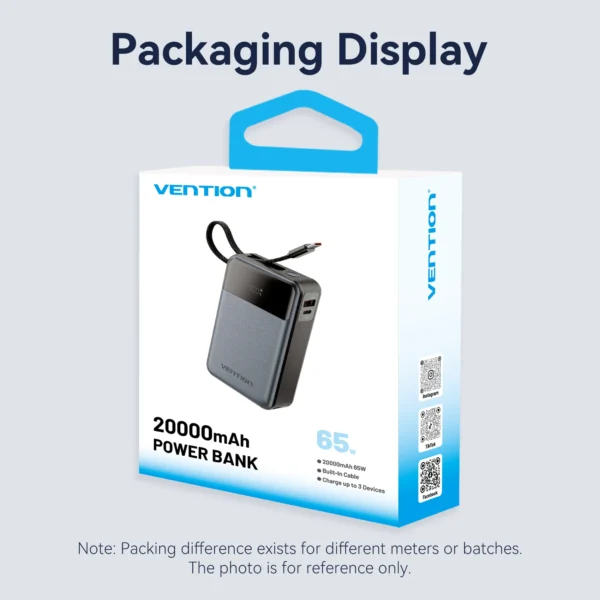 Vention Power Bank 20000mAh 65W PD Fast Charger with Built-in Type-C Cable Portable Powerbank for Laptops External Spare Battery - Image 7