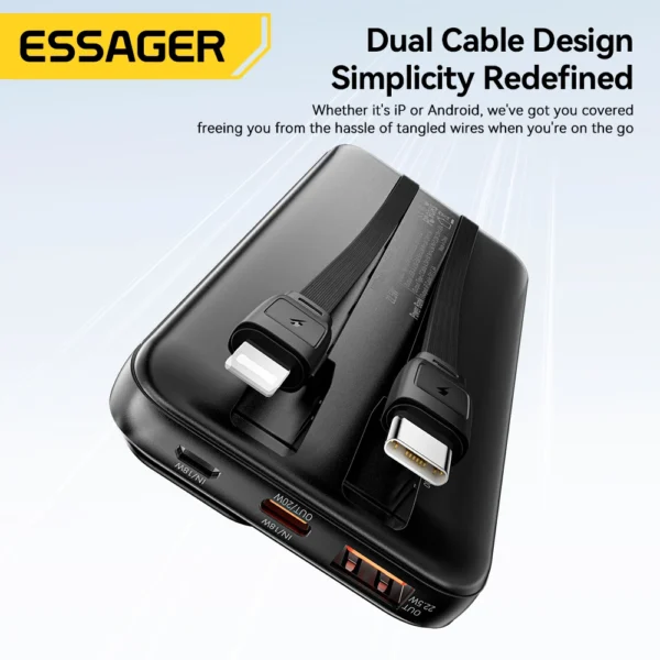 Essager 20000mAh Portable Power Bank With 2 Cables For iPhone 16 15 14 Xiaomi Samsung Huawei 10000mAh Digital Display Power Bank - Image 4