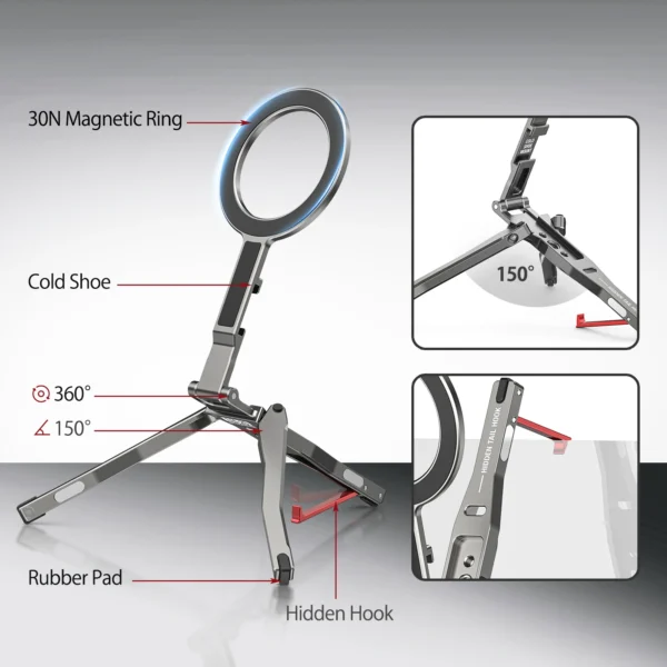 Camolo Foldable Magnetic Pocket Phone Tripod with Hook Magsafe Phone Holder w/ ring for iPhone Android HUAWEI Tripod Phone Stand - Image 2