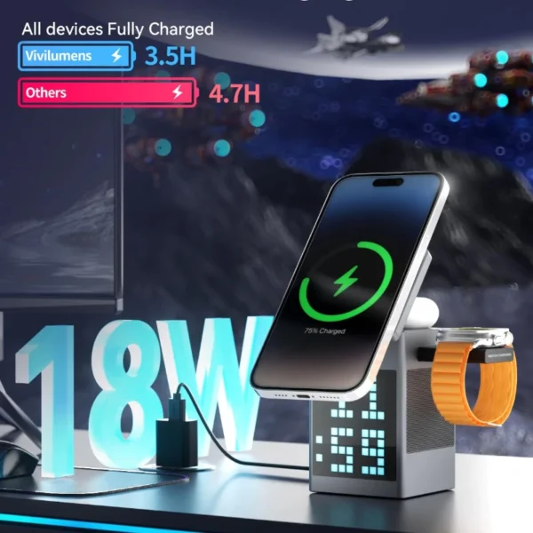 6-in-1 Magnetic Wireless Charging Station with Bluetooth Speaker, Alarm Clock, for IPhone, AirPods, IWatch-Multifunction Charger - Image 3