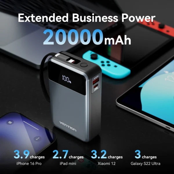 Vention Power Bank 20000mAh 65W PD Fast Charger with Built-in Type-C Cable Portable Powerbank for Laptops External Spare Battery - Image 2