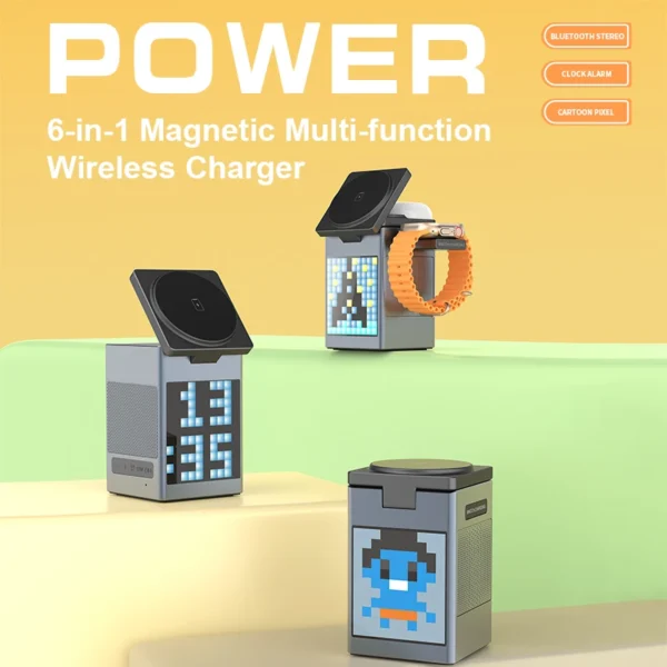 6-in-1 Magnetic Wireless Charging Station with Bluetooth Speaker, Alarm Clock, for IPhone, AirPods, IWatch-Multifunction Charger - Image 2