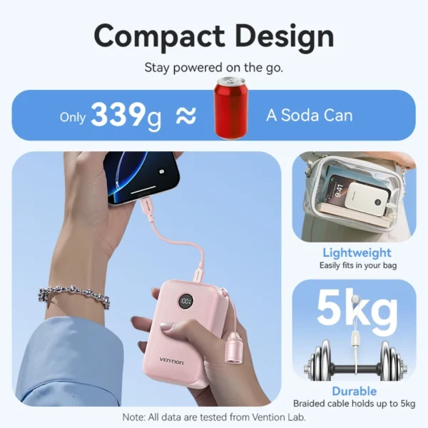Vention Power Bank 20000mAh 22.5W PD Type C Charge Portable Powerbank External Auxiliary battery with USB-C Cable for iPhone 15 - Image 3