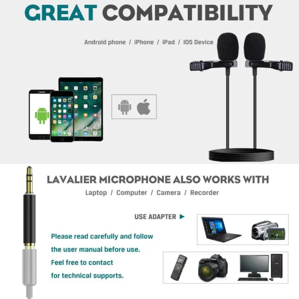 1.5M Mini Lavalier Microphone 3.5MM 6.5MM Lapel Mic Condenser Microphone 2 M Extension Cable Adapter for Camera Computer - Image 4