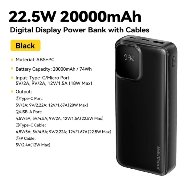 Essager 20000mAh Portable Power Bank With 2 Cables For iPhone 16 15 14 Xiaomi Samsung Huawei 10000mAh Digital Display Power Bank - Image 10