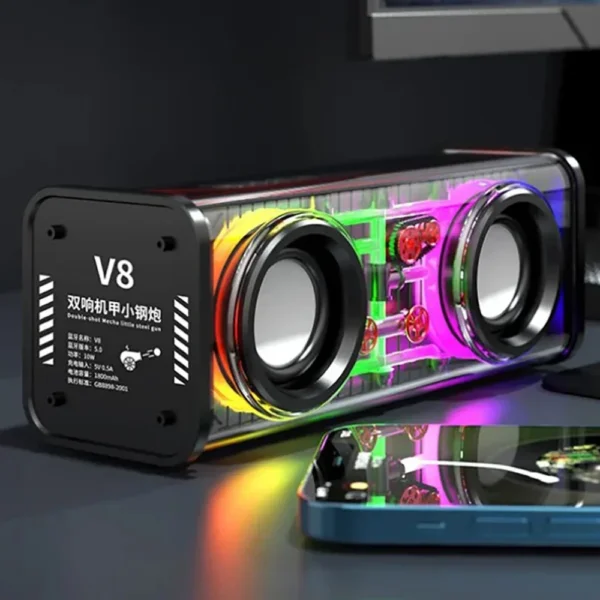 V8 Transparent Mecha Speakers Bluetooth 5.0 Wireless Double Bass Diaphragm Subwoofer Music TWS RGB Light Mini Party Loudspeaker - Image 7