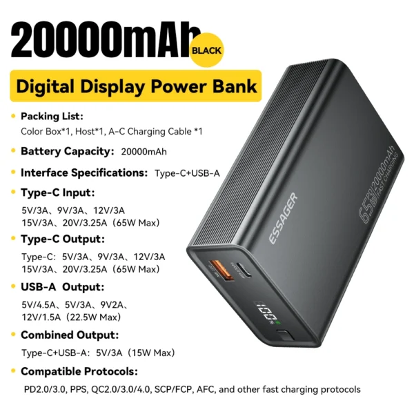 Essager Power Bank 20000mAh Portable PD 65W Fast Charging  Mobile Phone External Battery Powerbank For Phone Laptop Tablet Mac - Image 7